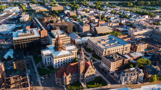 Aerial panoramic high-angle view of Paterson, Passaic County, New Jersey, USA